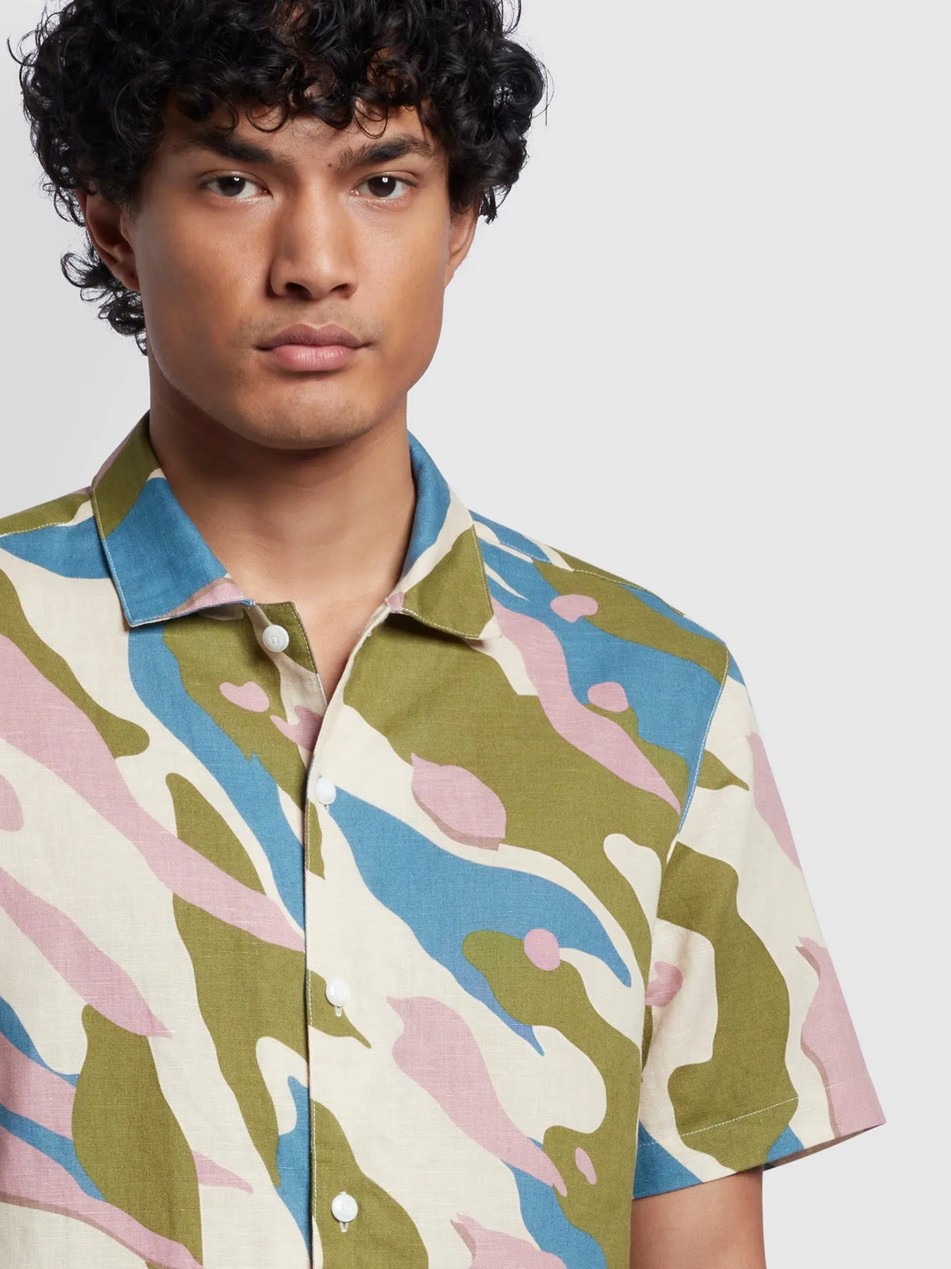 Tandang Casual Fit Linen Revere Camo Shirt In Fog