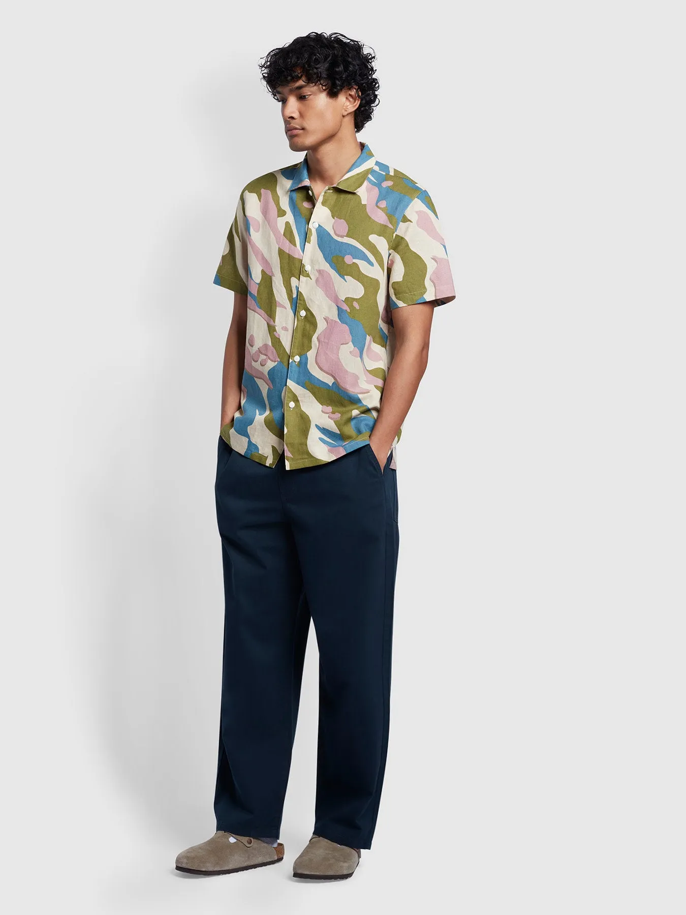 Tandang Casual Fit Linen Revere Camo Shirt In Fog