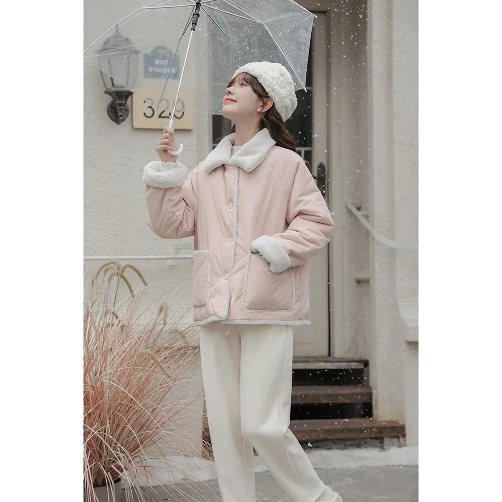 Thickened Pink Short Cotton Padded Coat for Autumn Winter