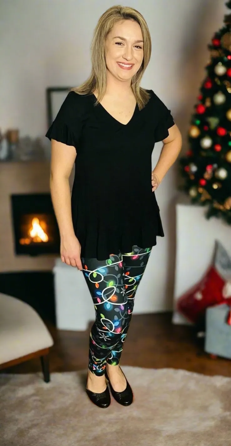 Womens Christmas Holiday Lights Leggings, Soft Yoga Pants, Sizes 0-22, Yoga Waist, Black/Multi, Exclusive Leggings