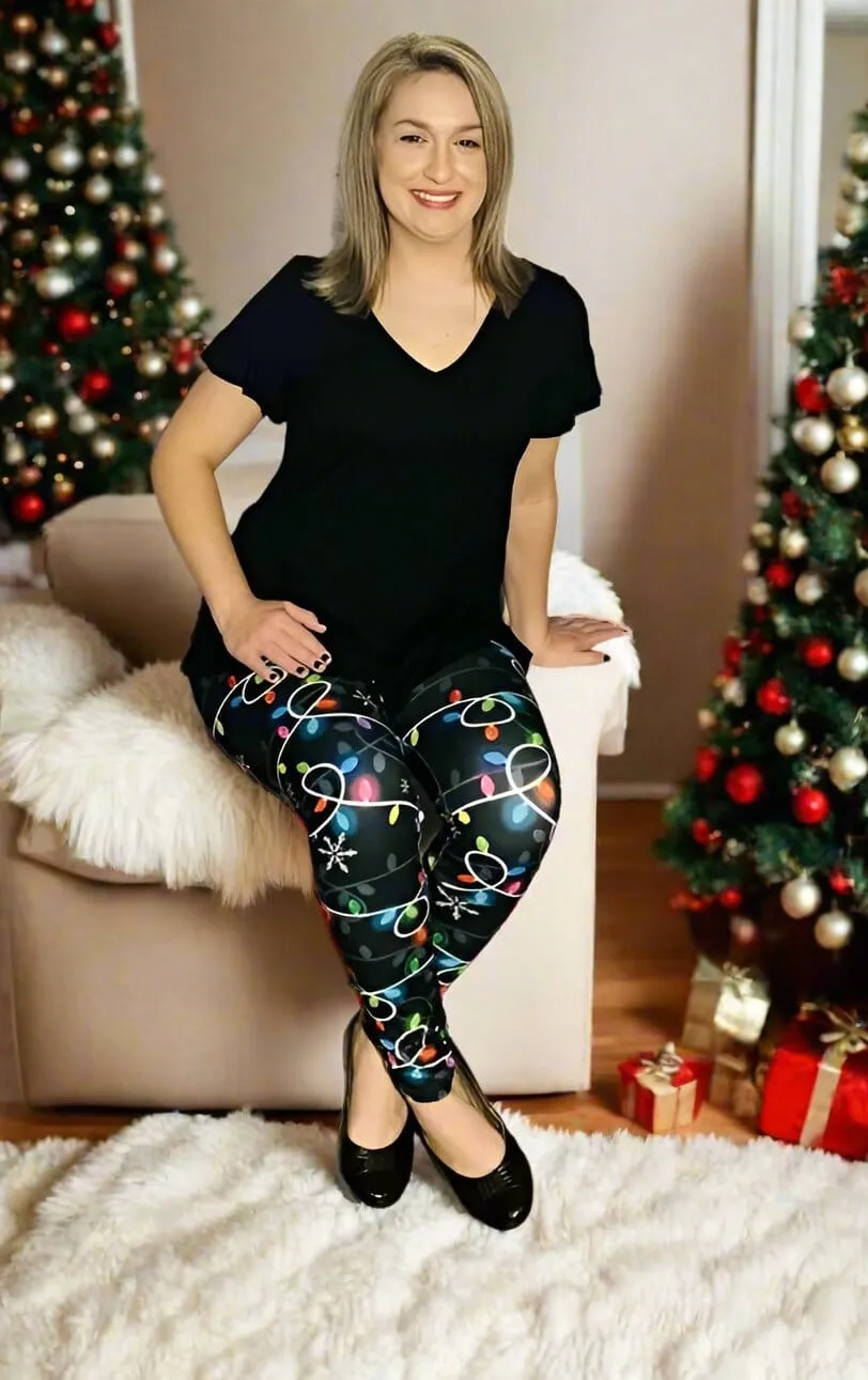 Womens Christmas Holiday Lights Leggings, Soft Yoga Pants, Sizes 0-22, Yoga Waist, Black/Multi, Exclusive Leggings