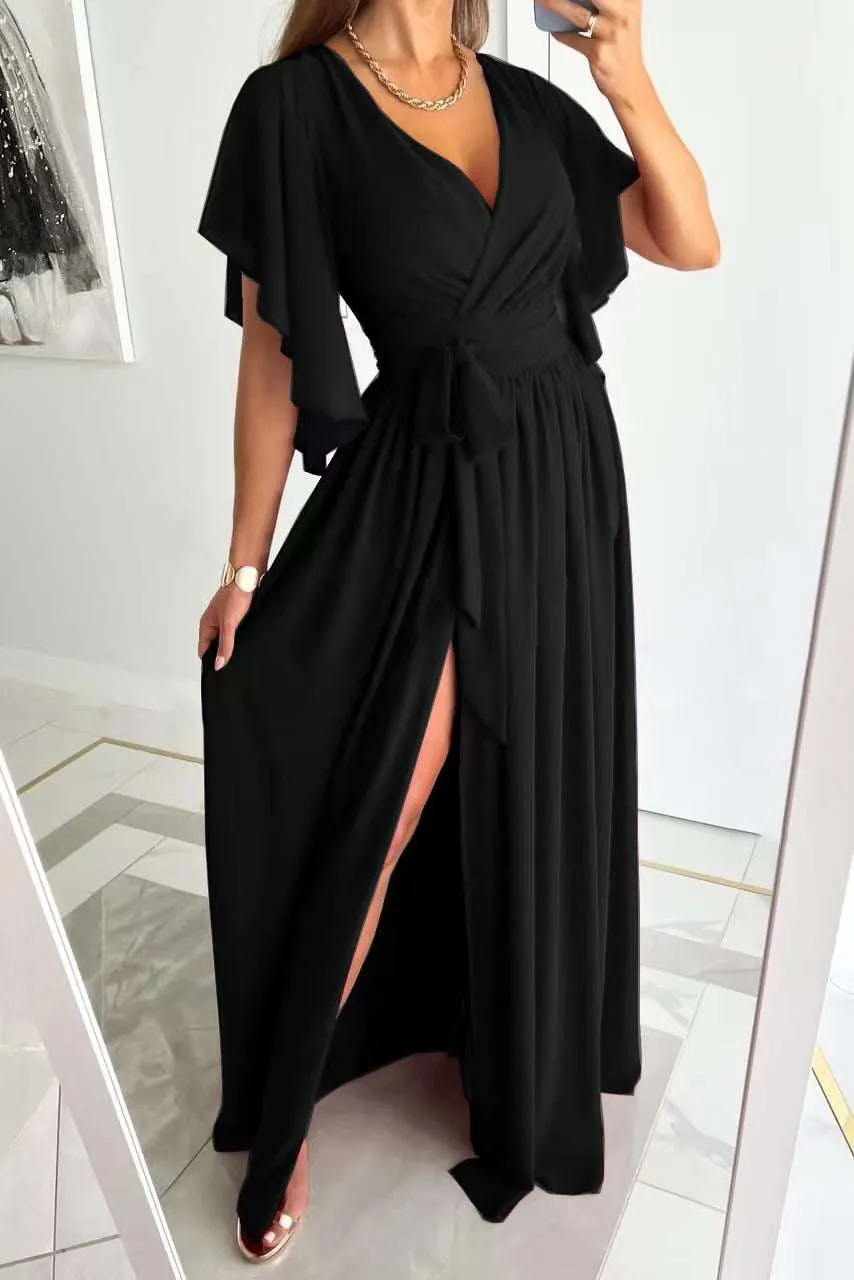 Women's Solid Color Bell Sleeve Loose V-neck Long Dress
