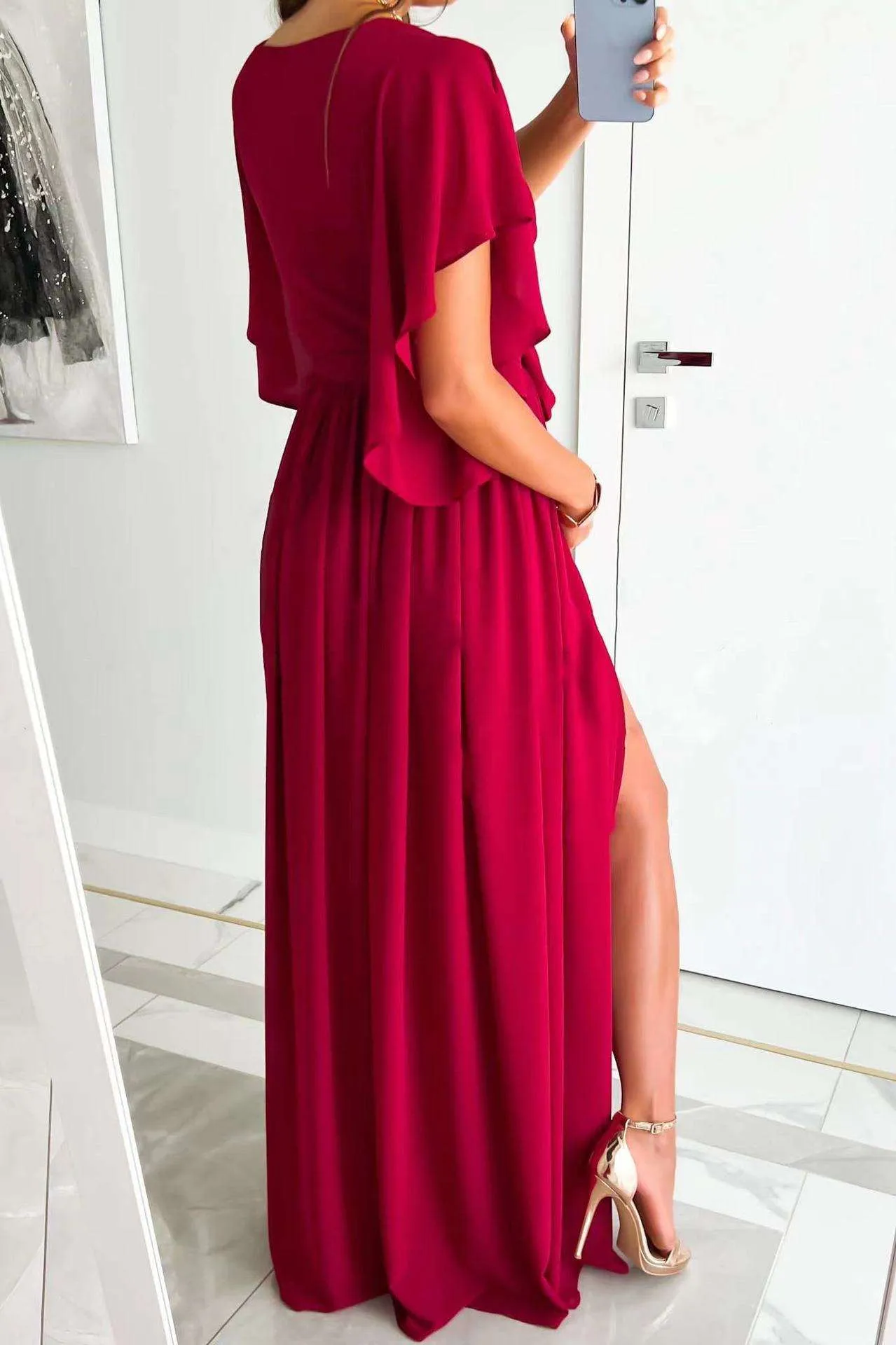 Women's Solid Color Bell Sleeve Loose V-neck Long Dress