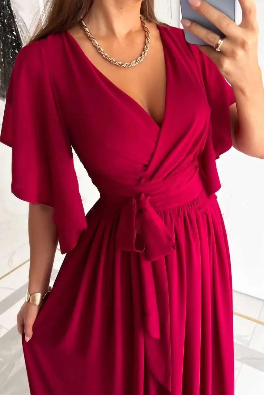 Women's Solid Color Bell Sleeve Loose V-neck Long Dress