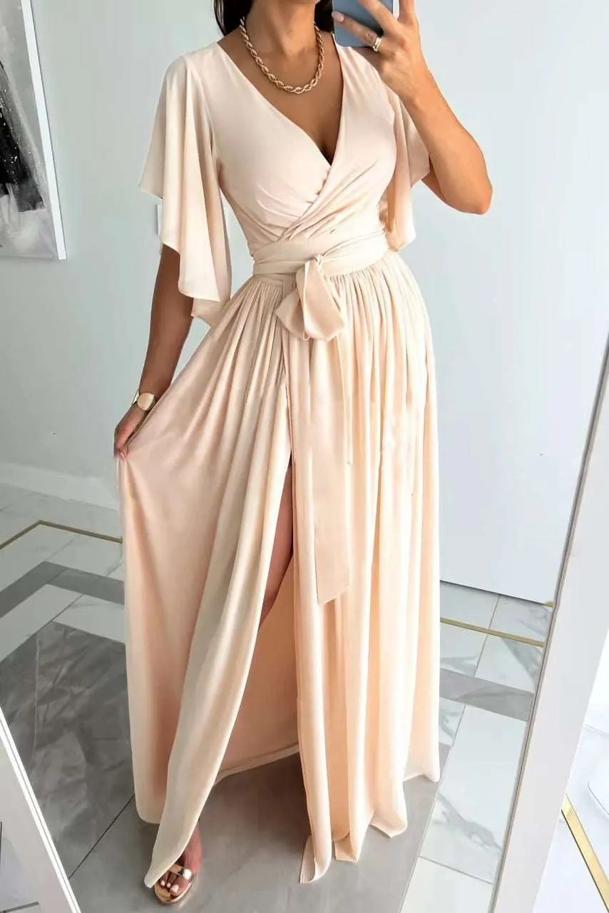Women's Solid Color Bell Sleeve Loose V-neck Long Dress