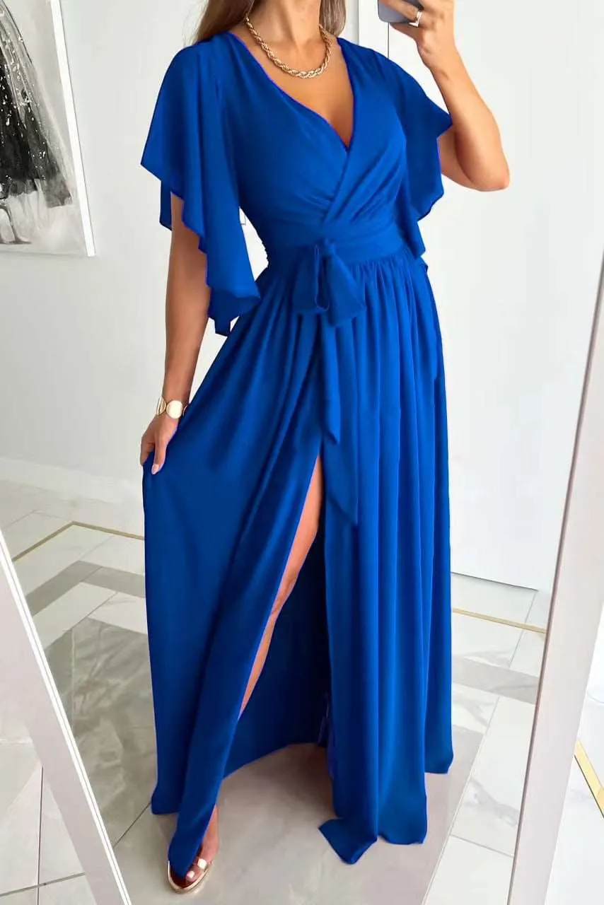 Women's Solid Color Bell Sleeve Loose V-neck Long Dress